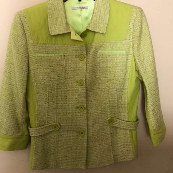 T Tahari tweed& linen blazer in citrus green color - Picture 2 of 16